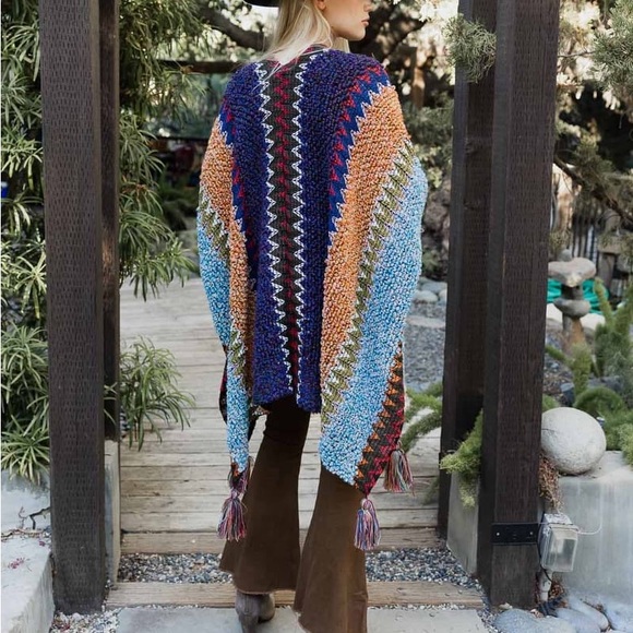 Colorful Crochet Patterned Ruana in Indigo - Picture 14 of 14